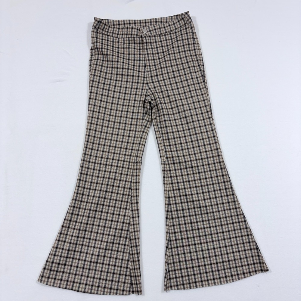 Miou Muse Pants Womens M Wide Leg Bell Bottom Flare Raw Hem Stretch Plaid Preppy